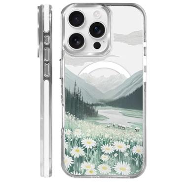 Imagem de casesok Capa para iPhone 16 Pro compatível com Magsafe, design estético claro bonito para meninas e mulheres, capa rígida protetora antiqueda para iPhone 16 Pro-Daisy Mountain Grassland Sheep