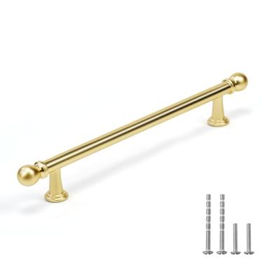 Imagem de YAGU Pacote com 6 puxadores de armário de cozinha de latão escovado 192 mm (7-1/2 pol.) Orifício central de gaveta de cômoda ouro acetinado sólido puxa ferragens de móveis para armário guarda-roupa