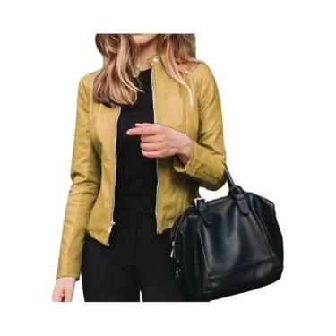 Imagem de Jaqueta Feminina Slim Fit De material sintético Estilo Motoqueiro Com 