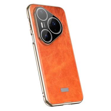 Imagem de HAOMRIYL Capa para Huawei Pura 80 Ultra/80 Pro +/80 Pro/80, borda dourada galvanizada, padrão de cera de óleo de couro vegano, proteção total da câmera, laranja, 80