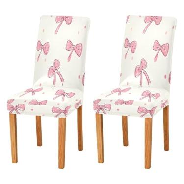 Imagem de SEHANY Conjunto de 2 capas de cadeira com laço de bolinhas rosa para sala de jantar, elástico, removível e lavável, para cozinha, hotel, festa, Natal
