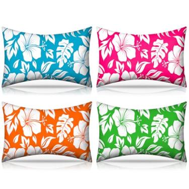 Imagem de Hollowfly 4 almofadas infláveis de praia portáteis para viagem e acampamento com capas para férias de verão na piscina no Havaí (flor de hibisco de folha de palmeira)