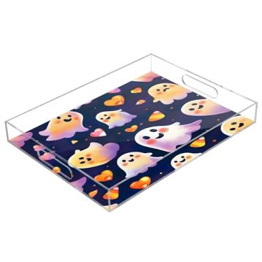 Imagem de xigua Bandeja de servir de acrílico fantasma de Halloween com alças à prova de derramamento, bandejas decorativas de festa de Halloween, bandeja organizadora de bancada para banheiro, cozinha, 30,5 x