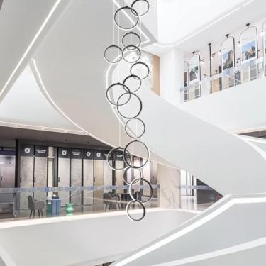 Imagem de Lustre LED moderno, lustre grande para hall de entrada, 15 anéis de alumínio, luminária pendente dimerizável para teto alto com controle remoto, altura ajustável, luminária suspensa para esc