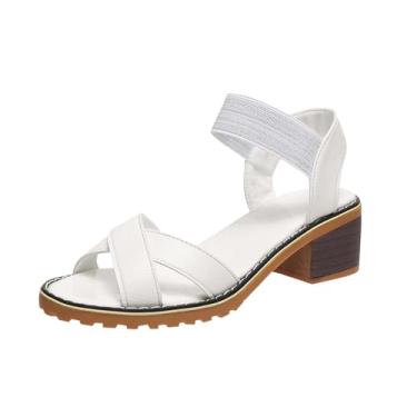 Imagem de Sandálias femininas fashion casual versátil fivela pé respirável férias verão salto grosso sandálias femininas material PU, Branco, 39
