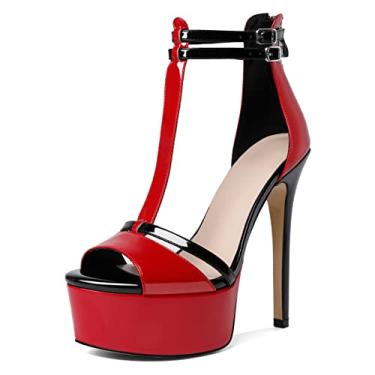 Imagem de Esvowido Salto plataforma para mulheres, bico aberto, tiras em T, salto alto, 13 cm, tira dupla no tornozelo, sapatos com zíper nas costas, Vermelho e preto, 38