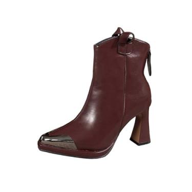 Imagem de Botas femininas de cano médio modernas plus size casuais de inverno confortáveis botas curtas sólidas bico fino com zíper nas costas calçado de salto médio, Vinho vinho, 35
