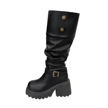 Imagem de Botas femininas estilo retrô estilo ocidental salto grosso empilhadas para outono inverno casual, Preto, 38