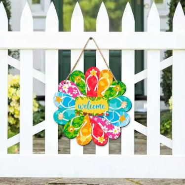 Imagem de Enfeite de pendurar de verão Welcome Pantufas multicoloridas, placa, decoração para pendurar ao ar livre, interior, parede, porta da frente, varanda