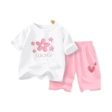 Imagem de Conjunto De Roupas De Verão Para Meninas Camiseta Com Flores E Shorts 