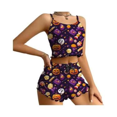 Imagem de Conjunto De Pijama Feminino Fofo De Halloween Com Estampa De Abóbora, 