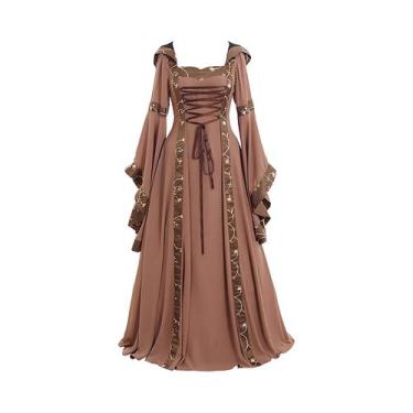 Imagem de Vestido retrô medieval europeu e americano com capuz, gola quadrada, m