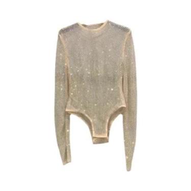 Imagem de Macacão Sexy Feminino Com Strass E Malha Transparente, Decote Redondo,