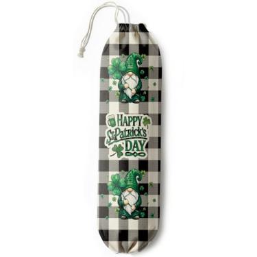Imagem de Suporte de saco plástico de Dia de São Patrício para cozinha, armazenamento organizador de sacolas de supermercado, presente de feriado de gnomo xadrez buffalo, reutilizável e lavável, grande