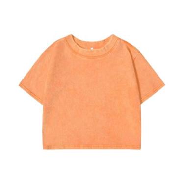 Imagem de Camiseta Cropped Feminina Solta Com Decote Redondo 100% Algodão Lavado