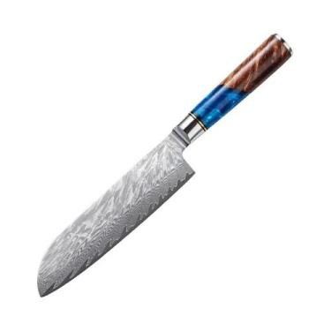 Imagem de Conjunto De Facas De Cozinha Em Aço Damasco Com Cabo De Resina Azul: F