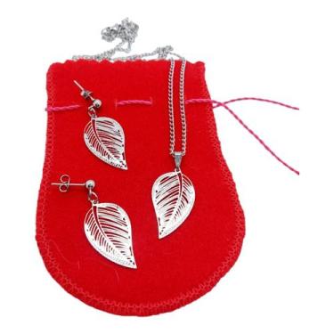 Imagem de Conjunto Feminino AÇO INOX CHOKER Colar Brinco FOLHA PRATA - ASA