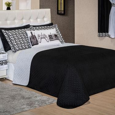 Imagem de Kit Cobre Leito Colcha Casal Padrão Game Retrô Preto/branco Dupla Face Com Almofada Est...