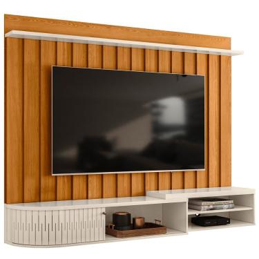 Imagem de Painel Para Tv 75 Pol Com Bancada Suspensa Ripado Devon M07 Cinamomo Off White - Lyam Decor