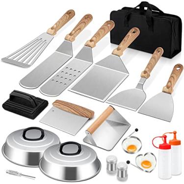Imagem de Joyfair Kit de acessórios de chapa com 19 peças, torneadores de churrasco com cúpulas de derretimento, para acampamento ao ar livre Teppanyaki, inclui cobertura de regar, prensa de hambúrguer, espátulas de aço inoxidável, escarpers, bolsa de transporte