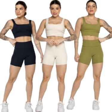 Imagem de KIT 3 Conjunto Top Alça Grossa e Short Smart Bella Fiore Alta Compressão Academia Moda...