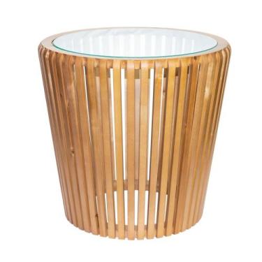 Imagem de Mesa Lateral Menor Redonda Chanfrada Madeira Vertical Tampo - luxdecor