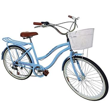 Imagem de Bicicleta aro 26 Feminina com cesta 6 machas retrô azul bb