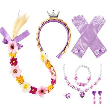 Imagem de Peruca de fantasia de princesa para meninas, longo, trançado, com luvas para joias, acessórios para vestir Rapunzel