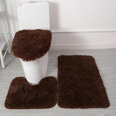 Imagem de Tapete de banho 3 peças/conjunto de pelúcia capa de banheiro almofada de pés absorvente antiderrapante tapete de banheiro de flanela macio tapete de banho, marrom escuro