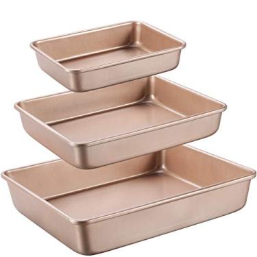 Imagem de JOHO BAKING Conjunto de assadeiras profundas antiaderentes, forma de bolo retangular, conjunto de 3 assadeiras empilháveis, bandejas de forno para assar, ouro (23 cm/28 cm/33 cm)