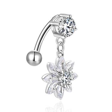 Imagem de CANDYFANCY Anéis de umbigo reverso com pingente de flor CZ 14G, anel de umbigo, aço cirúrgico, piercing de umbigo, joia de montagem superior