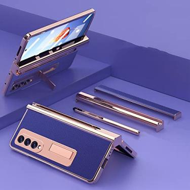 Imagem de Para Samsung Galaxy Z Fold3 4 capa de telefone de couro galvanizado para Galaxy Z Fold4 caso proteção total S Pen Slot com suporte, azul escuro, para Z Fold3
