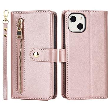 Imagem de DENSUL Capa para iPhone 14/14 Pro/14 Plus/14 Pro Max, capa carteira flip com suporte para cartão e alça de pulso TPU interior protetor fólio capa flip, rosa, 14 6,1 polegadas