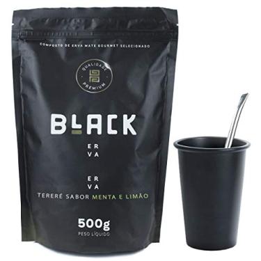 Imagem de KIT COMPLETO COPO DE TERERÉ PRETO 350ML + BOMBA DE TERERE + BLACK ERVA 500G (Menta e Limão)