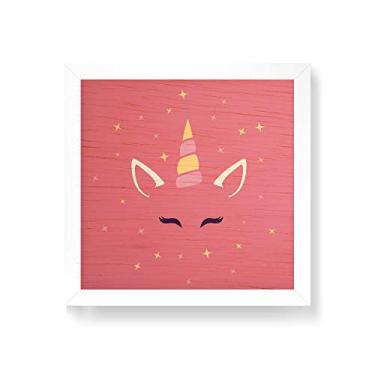 Imagem de Arte Maníacos Quadro decorativo com moldura caixa branca em Madeira - Unicórinio Rosto Rosa - 30x30cm