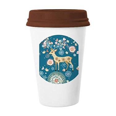 Imagem de Caneca de cerâmica de vidro para café com decoração de cervos com flor azul