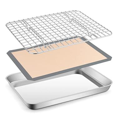 Imagem de Conjunto de assadeiras para forno torradeira, assadeira pequena de aço inoxidável E-far de 26,7 cm x 21 cm com grade de arame e tapete de silicone para grelhar, bandeja de metal com borda para assar
