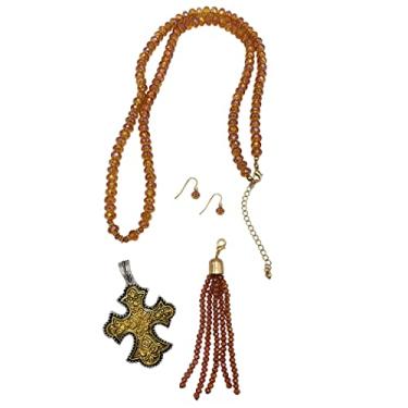 Imagem de Rosemarie's Religious Gifts Brincos femininos deslumbrantes pingente de cruz e borla em topázio dourado 8 mm facetado contas de cristal colar brincos, 81.3 cm + 7.6 cm extensor, Metal, Cristal