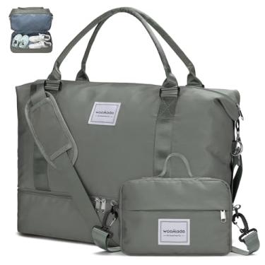 Imagem de WOOMADA Bolsa feminina de fim de semana, bolsa de viagem de ombro com compartimento para sapatos, bolsa de ginástica com bolsa de higiene pessoal, Verde militar, Large, Grande