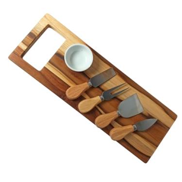 Imagem de Tabua de Servir Queijos Frios Petisqueira Retangular Alça Madeira Teca com Kit Utensilios Queijo 4 pçs Inox e Ramekim 50ml para Patê Geleias Molhos - La Nacasa