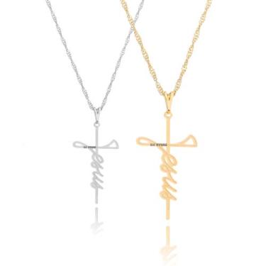 Imagem de Colar Masculino feminino Cruz Jesus Cristo crucifixo em aço Inox prata