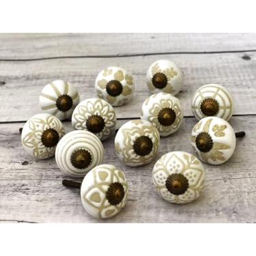 Imagem de ARTISNO Puxadores de cerâmica coloridos para armários de cozinha, armários de banheiro, cômodas, puxadores e puxadores feitos à mão (bege)