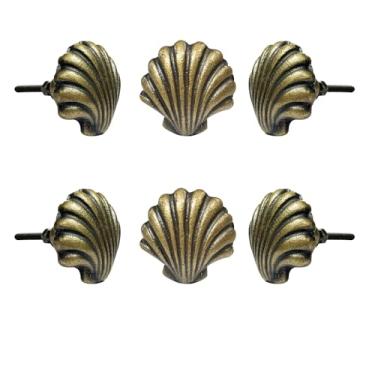 Imagem de Perilla Home Conjunto de 6 puxadores decorativos de cobre em forma de concha para quarto, ferragens de armário de cozinha, maçanetas de porta de armário e puxadores de gaveta (ouro antigo)