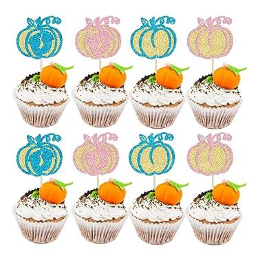 Imagem de Gyufise 24 peças de topos de cupcake de abóbora azul rosa glitter pés de bebê abóbora revelação de gênero topos de bolo decorações de bolo de Halloween para chá de bebê tema de abóbora suprimentos de