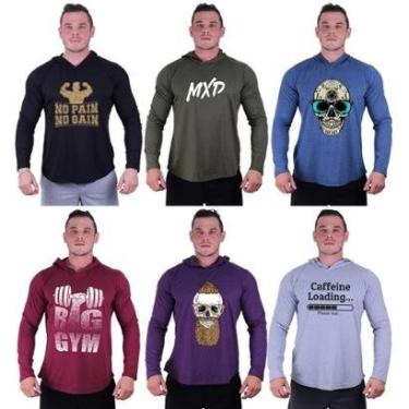 Imagem de Kit 6 Camisetas Manga Longa com Touca Longline Estampada Treino Academia Lazer Casual-Masculino