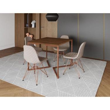 Imagem de Mesa Jantar Industrial Base Cobre V 90cm Quadrada Amêndoa C/ 4 Cadeira