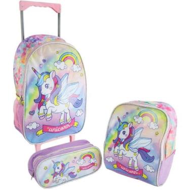 Imagem de Mochila Rodinhas Infantil Unicornio Lancheira Estojo Escolar - Seanite