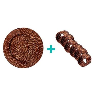 Imagem de Kit 12 Sousplat + 12 Anel Guardanapo Rattan Bambu Mundiart