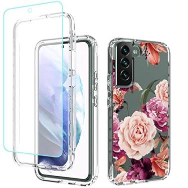 Imagem de Bohefo Capa para Galaxy S22+ 5G/S22 Plus SM-S906U com protetor de tela de vidro temperado, linda capa protetora floral à prova de choque para Samsung Galaxy S22 Plus 5G (flor roxa)