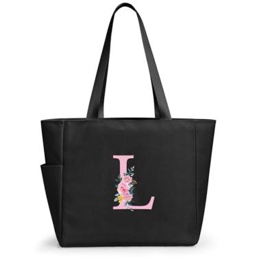 Imagem de KALIDI Sacola de praia personalizada, bolsa de compras com zíper inicial do alfabeto para mãe, professora, amiga, casamento, compras diárias, Preto, G, Large